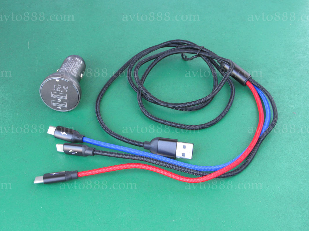 зарядка телефона автомоб. Baseus Digital Display Dual USB 4.8A Car Charger with 3-in-1 Cable USB 1.2M Grey