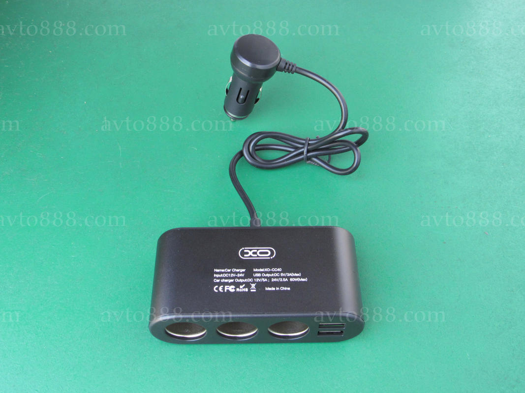 зарядка телефона автомоб. XO CC40   6A extension Car Charger (dual USB +dual cigarette lighter) Black