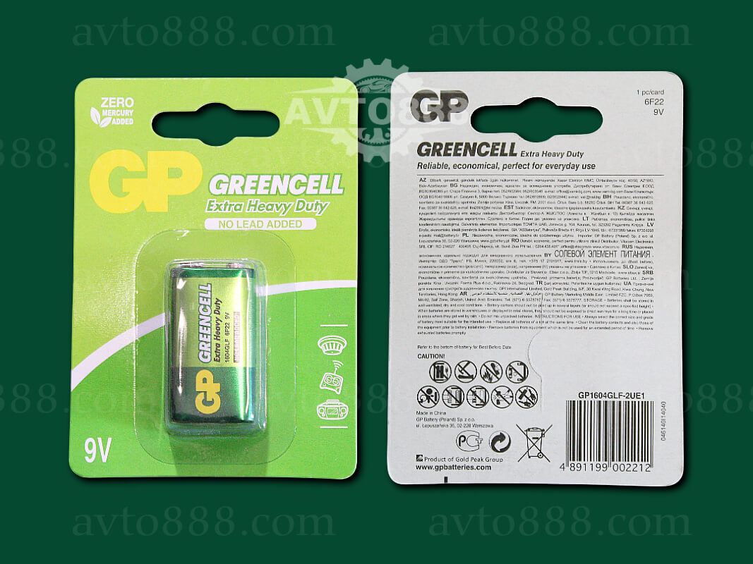 батарейка /прямокутна/ 6F22 GP GREENCELL 9.0V Сольові, 1604GLF-U1